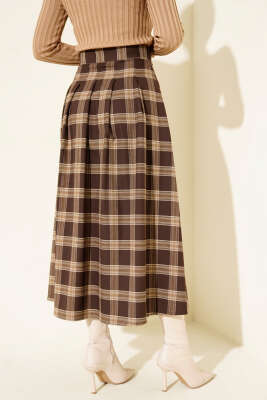 Ekose Desen Pileli Kloş Etek Tarçın - Etek