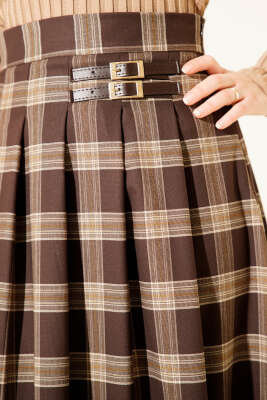 Ekose Desen Pileli Kloş Etek Tarçın - Etek