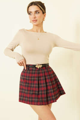 Ekose Desen Pileli Mini Şort Etek Bordo - TİLLE