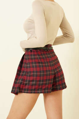 Ekose Desen Pileli Mini Şort Etek Bordo - Kadın Giyim Modelleri