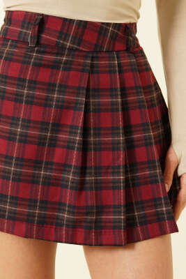 Ekose Desen Pileli Mini Şort Etek Bordo - Kadın Giyim Modelleri