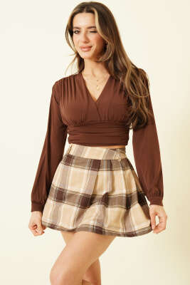 Ekose Desen Pileli Mini Şort Etek Camel - TİLLE