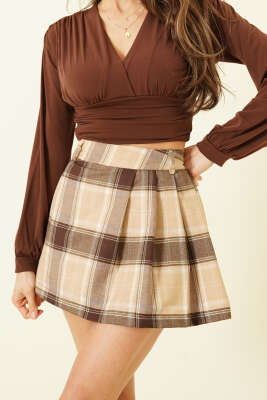 Ekose Desen Pileli Mini Şort Etek Camel - Kadın Giyim Modelleri