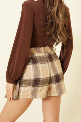 Ekose Desen Pileli Mini Şort Etek Camel - Kadın Giyim Modelleri