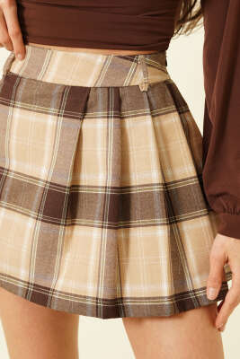 Ekose Desen Pileli Mini Şort Etek Camel - Kadın Giyim Modelleri