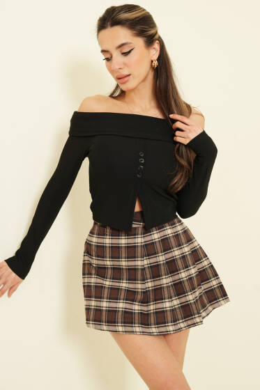 Ekose Desen Pileli Mini Şort Etek Kahve - Kadın Giyim Modelleri