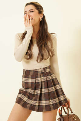 Ekose Desen Pileli Mini Şort Etek Kestane - TİLLE