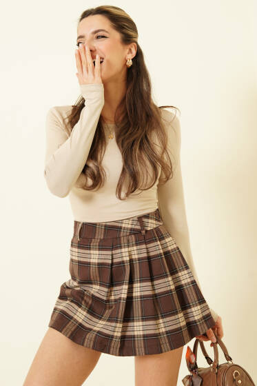 Ekose Desen Pileli Mini Şort Etek Kestane - Kadın Giyim Modelleri