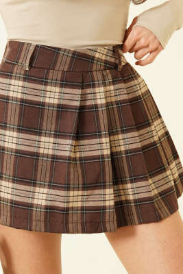 Ekose Desen Pileli Mini Şort Etek Kestane - Kadın Giyim Modelleri