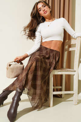 Ekose Desen Şifon Midi Etek Kahve - CALİENTE