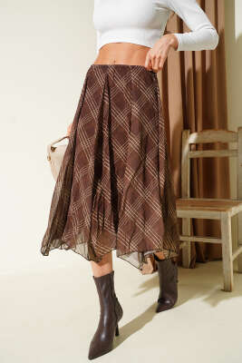 Ekose Desen Şifon Midi Etek Kahve - Kadın Giyim Modelleri