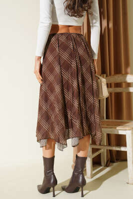 Ekose Desen Şifon Midi Etek Kahve - Kadın Giyim Modelleri