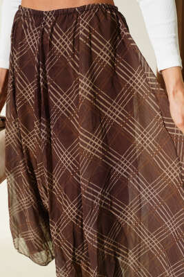 Ekose Desen Şifon Midi Etek Kahve - Kadın Giyim Modelleri