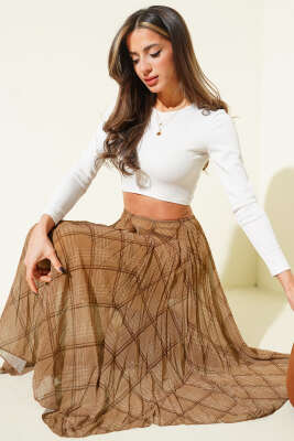 Ekose Desen Şifon Midi Etek Latte - CALİENTE