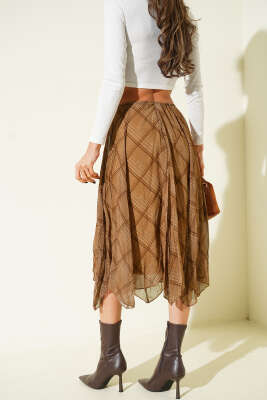 Ekose Desen Şifon Midi Etek Latte - Kadın Giyim Modelleri