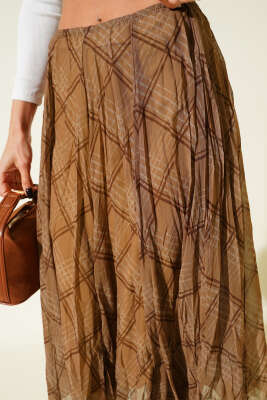 Ekose Desen Şifon Midi Etek Latte - Kadın Giyim Modelleri