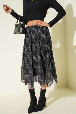 Ekose Desen Şifon Midi Etek Siyah - Kadın Giyim Modelleri