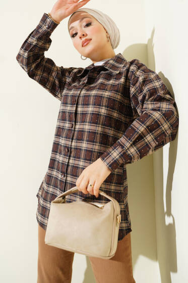 Ekose Desen Taşlı Gömlek Acı Kahve - Gömlek