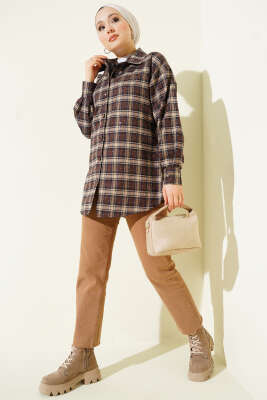 Ekose Desen Taşlı Gömlek Acı Kahve - Gömlek