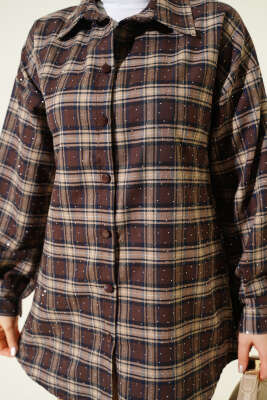 Ekose Desen Taşlı Gömlek Acı Kahve - Gömlek