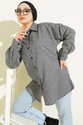 Ekose Desen Taşlı Gömlek Beyaz - TABLO FASHİON