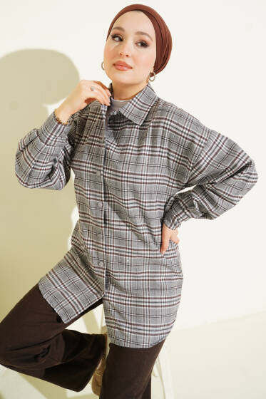 Ekose Desen Taşlı Gömlek Gri - Gömlek