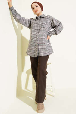 Ekose Desen Taşlı Gömlek Gri - Gömlek