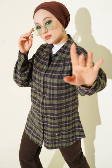 Ekose Desen Taşlı Gömlek Haki - Gömlek