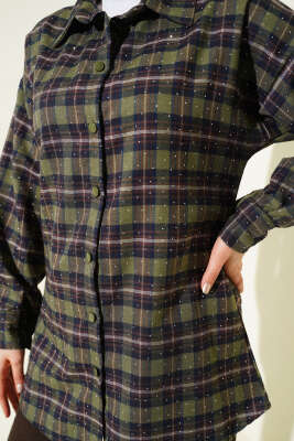 Ekose Desen Taşlı Gömlek Haki - Gömlek