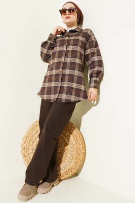 Ekose Desen Taşlı Gömlek Kahve - Gömlek