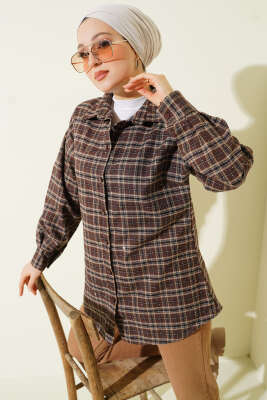 Ekose Desen Taşlı Gömlek Kestane - TABLO FASHİON