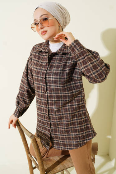 Ekose Desen Taşlı Gömlek Kestane - Gömlek