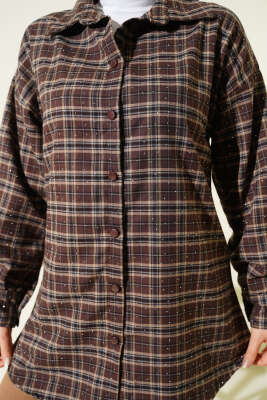 Ekose Desen Taşlı Gömlek Kestane - Gömlek