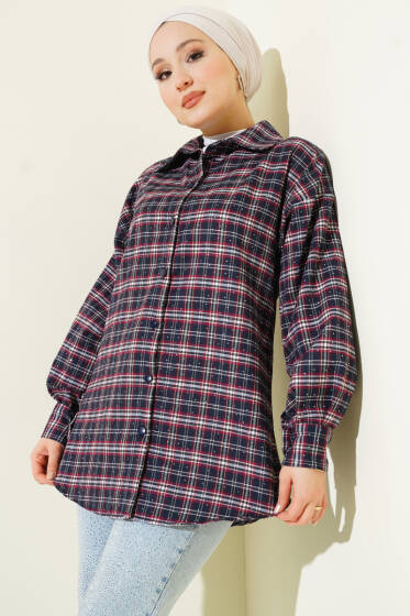 Ekose Desen Taşlı Gömlek Lacivert - Gömlek