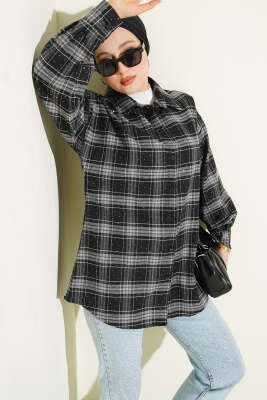 Ekose Desen Taşlı Gömlek Siyah - TABLO FASHİON