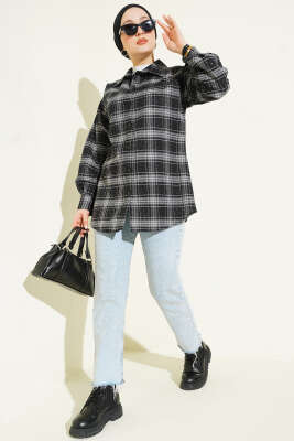 Ekose Desen Taşlı Gömlek Siyah - Gömlek