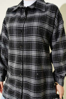 Ekose Desen Taşlı Gömlek Siyah - Gömlek