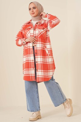 Ekose Desen Uzun Tunik Oranj - Tunik