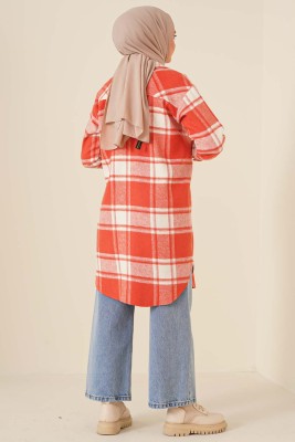 Ekose Desen Uzun Tunik Oranj - Tunik