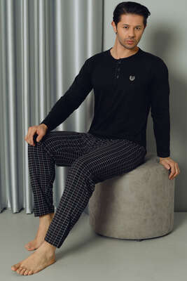 Ekose Desen Yarım Düğmeli Uzun Kol Erkek Pijama Takım Siyah - Thumbnail