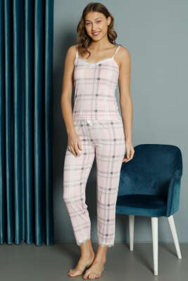 Ekose Desenli Askılı Pijama Takım Pembe - Kadın Pijama Takımı