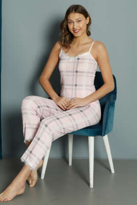 Ekose Desenli Askılı Pijama Takım Pembe - Pijama & Gecelik