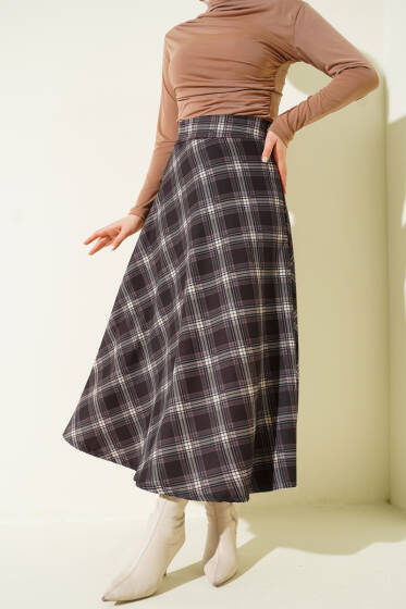 Ekose Desenli Bel Fermuarlı Etek Acı Kahve - Etek