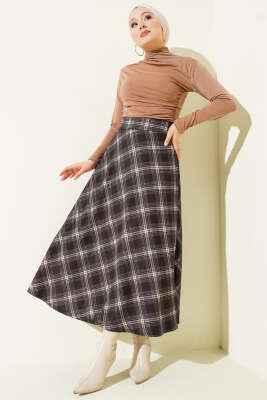 Ekose Desenli Bel Fermuarlı Etek Acı Kahve - Etek