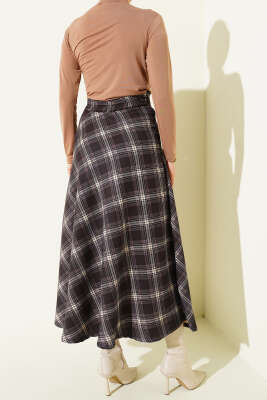 Ekose Desenli Bel Fermuarlı Etek Acı Kahve - Etek