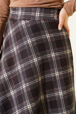 Ekose Desenli Bel Fermuarlı Etek Acı Kahve - Etek