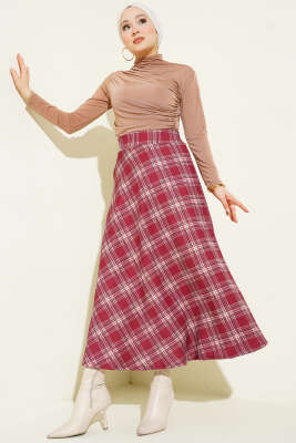 Ekose Desenli Bel Fermuarlı Etek Bordo - 100-300 TL Ürünler