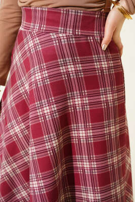 Ekose Desenli Bel Fermuarlı Etek Bordo - Etek