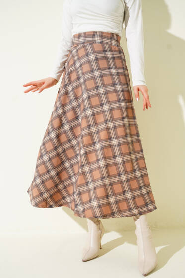 Ekose Desenli Bel Fermuarlı Etek Camel - Etek