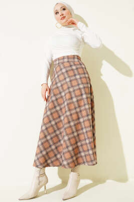 Ekose Desenli Bel Fermuarlı Etek Camel - Etek